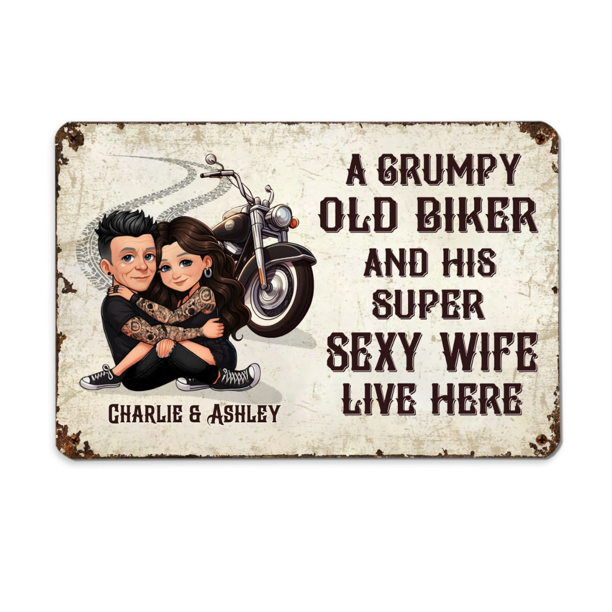 An Old Grumpy Biker and His Sexy Wife Live Here Personalized Metal Sign, Gift for Biker Couple