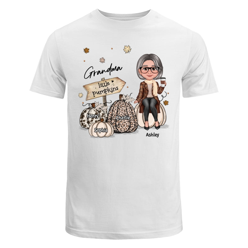 Grandma Mom Sitting On Animal Prints Patterned Pumpkins Fall Season Personalized Shirt