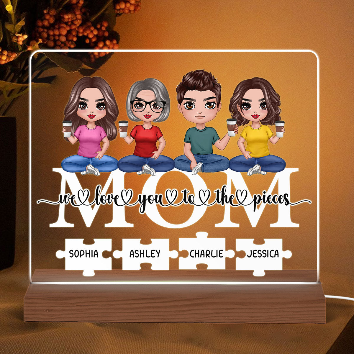 Mom We Love You To Pieces Personalized Acrylic Custom Shape LED Night Light