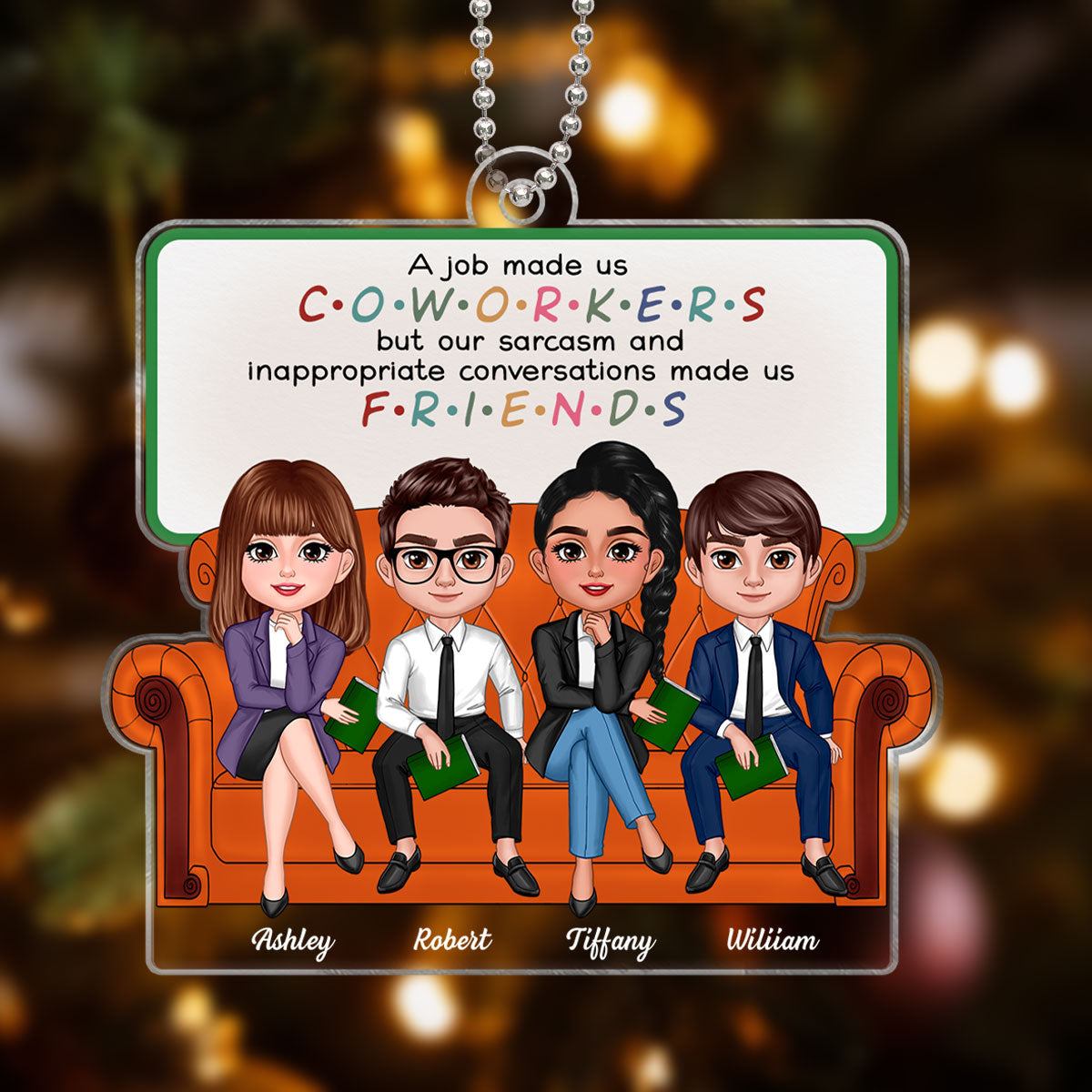 Coworkers Friends Colleagues Sitting On Sofa Personalized Acrylic Ornament, Christmas Gift