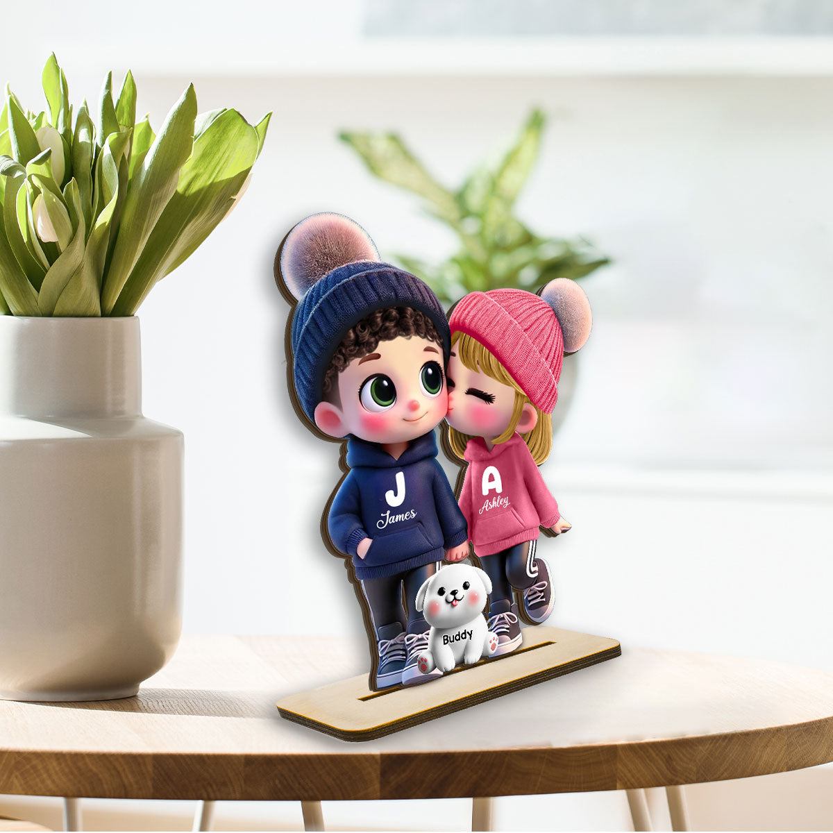 3D Effect Cute Cartoon Couple You Me And The Dog Cat Personalized Standing Wooden Plaque,  Gift for Him, Gift for Her
