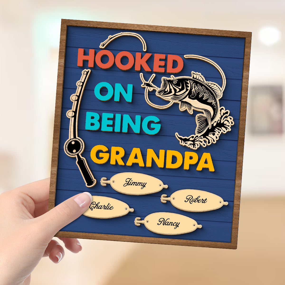 Hooked On Being Grandpa Fishing Personalized 2-Layer Wooden Plaque