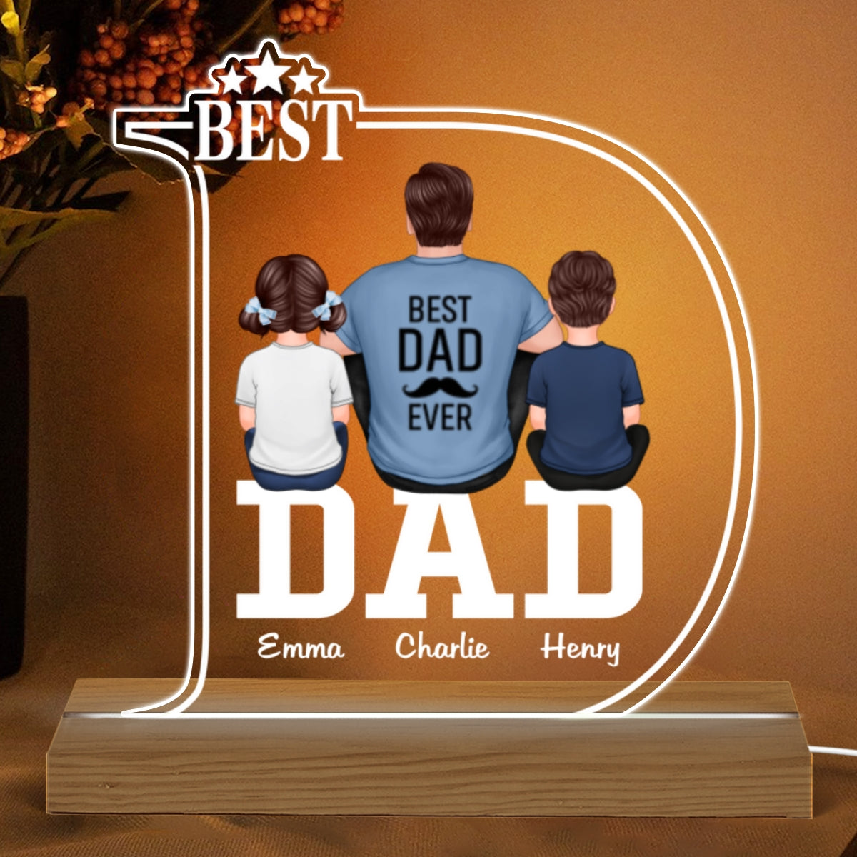 D Letter Best Dad And Kids Back View Personalized Custom Shape Acrylic LED Night Light