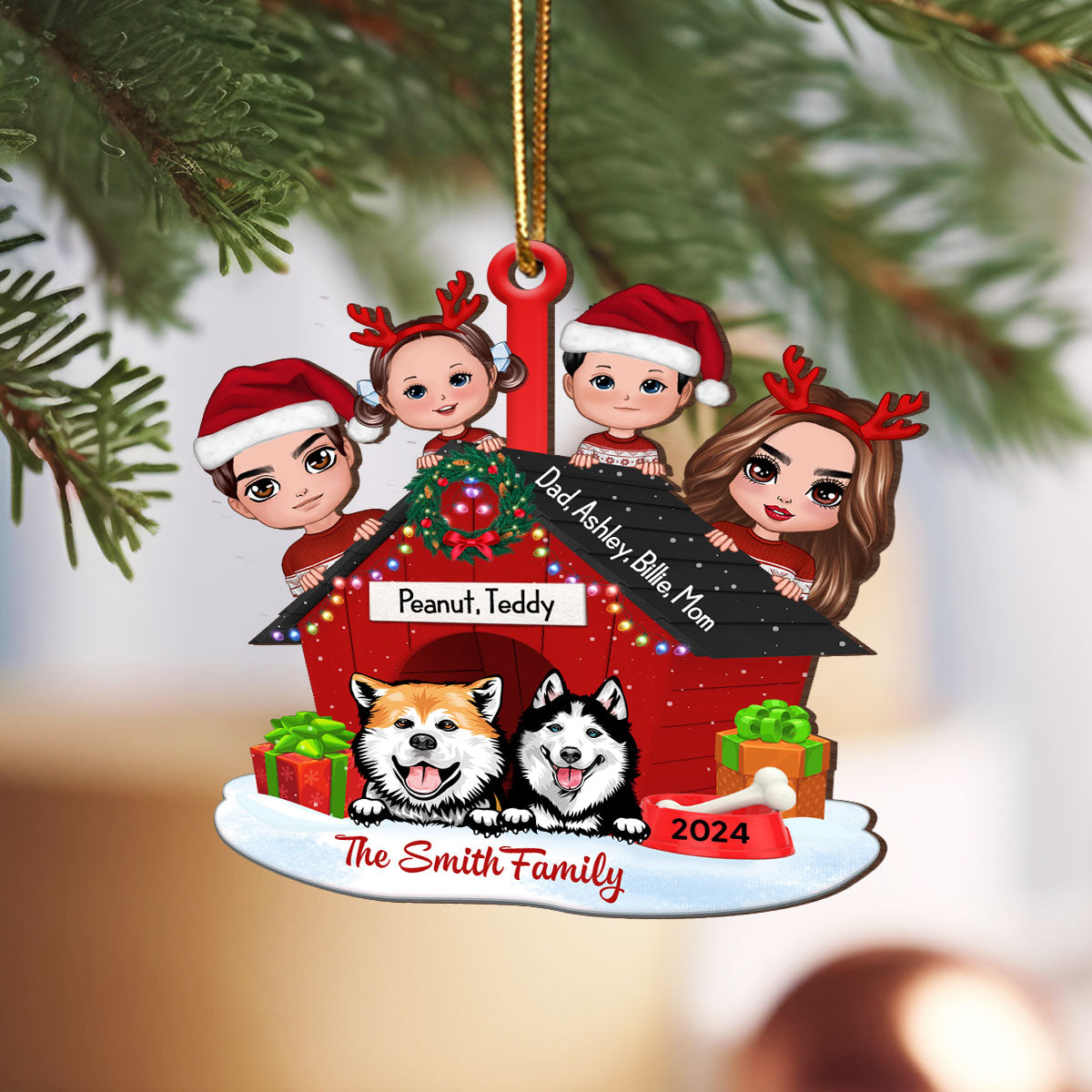 Family And Dogs Christmas - Personalized Wooden Ornament