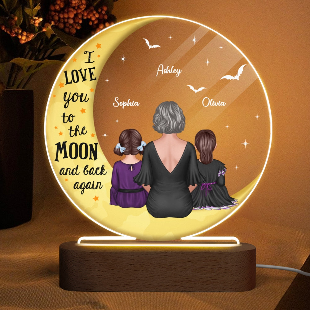 Halloween Love You To The Moon Grandma & Grandkids Personalized Circle Acrylic Plaque With LED Night Light