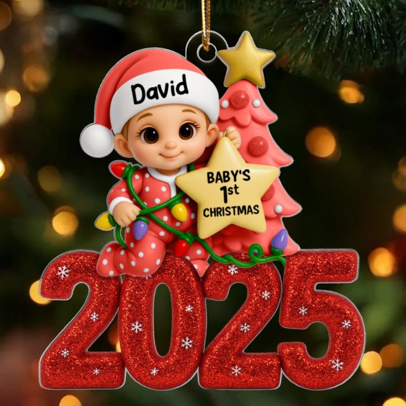 Baby Beside Christmas Tree First Christmas 2025 - Personalized Acrylic Ornament - Heartwarming Christmas Gift For New Born, Baby