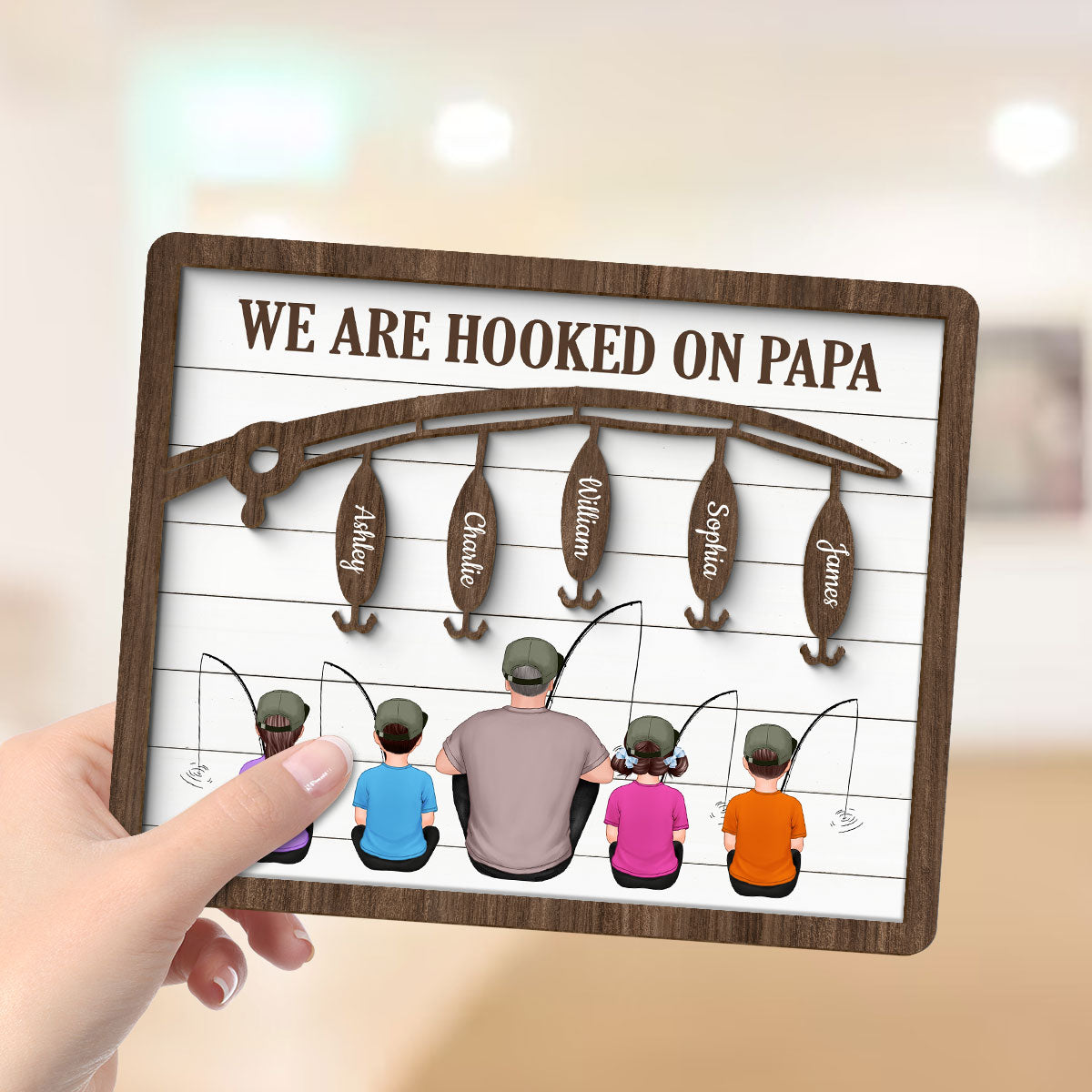 Hooked On Being Fishing Dad Grandpa Sitting Back View Personalized 2-Layer Wooden Plaque