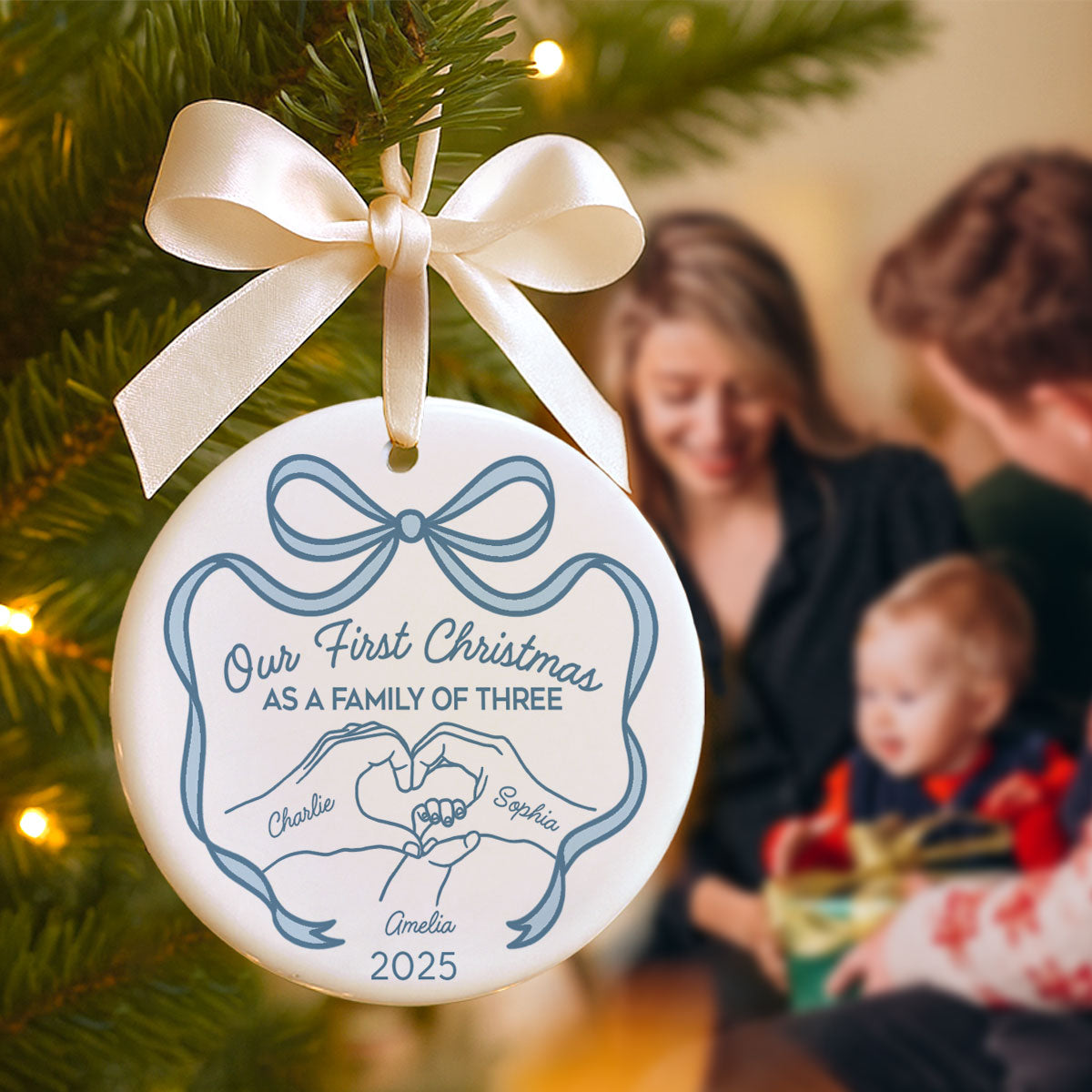 Family Heart Hand First Christmas As Family Of Three Christmas Personalized Ceramic Ornament