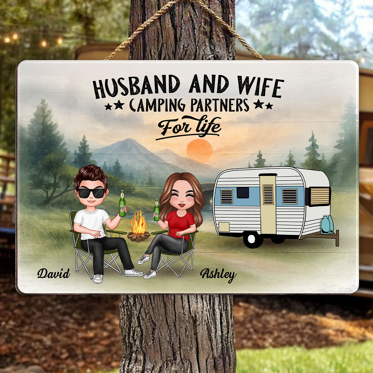 Doll Camping Couple Mountain Personalized Wood Sign