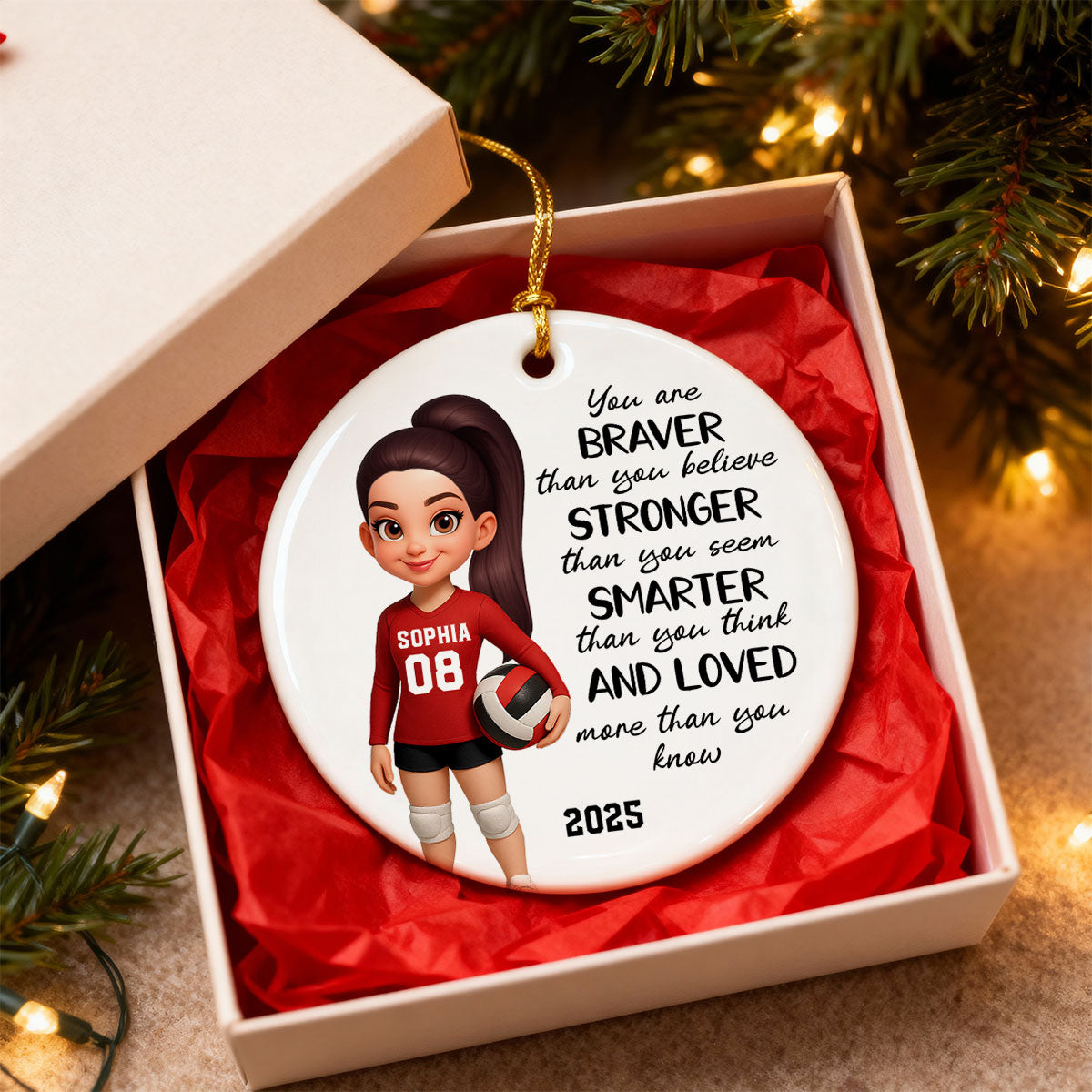 Christmas Volleyball Player Emotional Support You Are Braver Than You Think - Personalized Ceramic Ornament