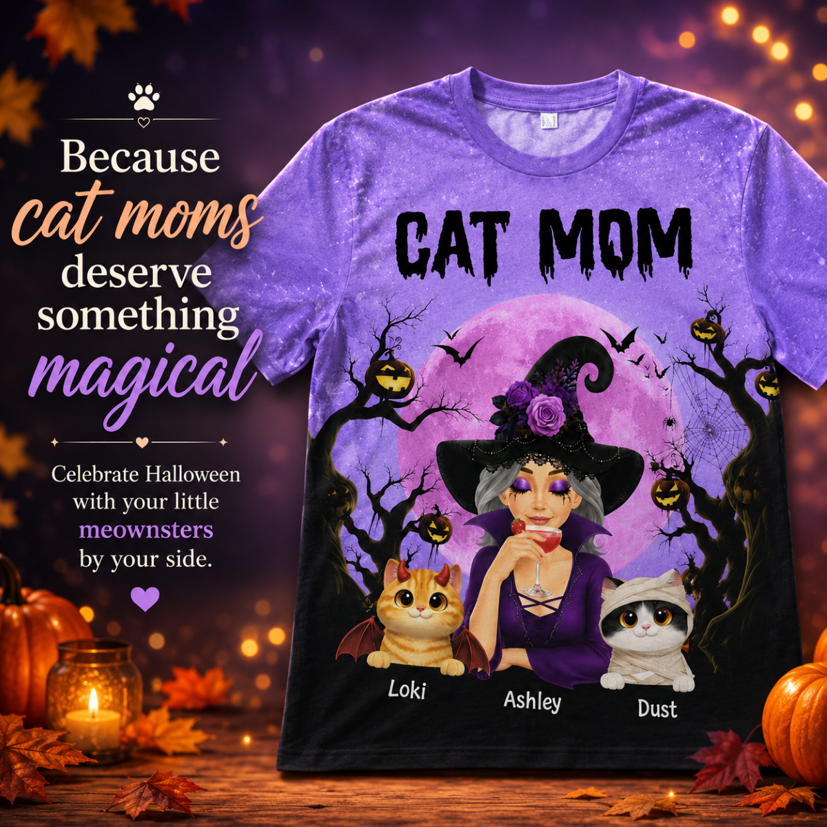 Halloween Theme Spooky Cat Mom Witch - Personalized Shirt - Halloween Gift For Cat Lovers