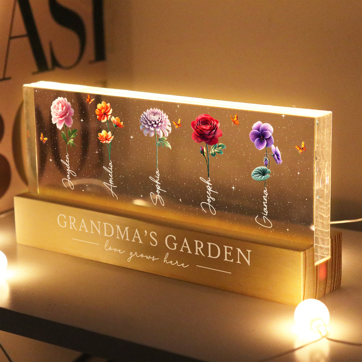 Grandma's Garden 3D Effect Birth Month Flowers Glowing Personalized Acrylic Block LED Night Light