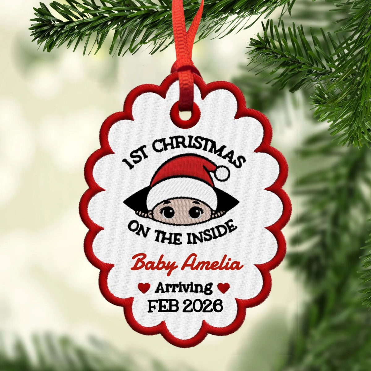 Baby 1st Christmas On The Inside - Personalized Embroidered Ornament - Custom Pregnancy Reveal Ornament, Expecting Parents