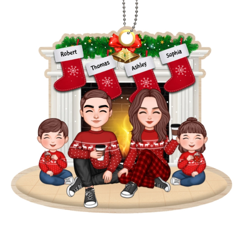 Cute Doll Family Dad Mom Kid Dog Cat Sitting At Fireplace Personalized Wooden Ornament