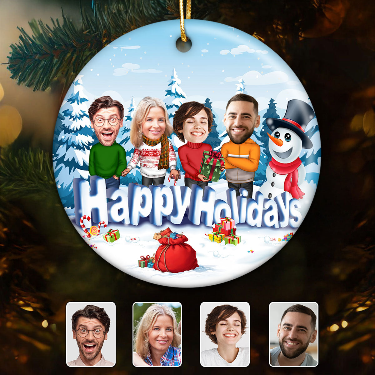 Happy Holiday Funny Family, Custom Photo Ornament, Personalized Family Photo Circle Ceramic Christmas Ornament, Family Keepsake