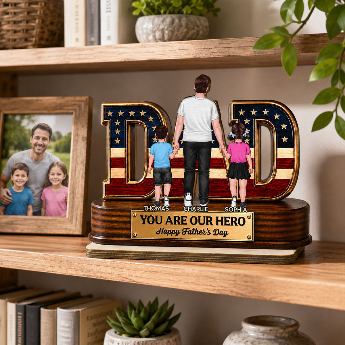 Nation Flag Dad And Kids You Are Our Hero - Personalized 2-Layered Wooden Plaque - Father's Day Gift For Dad, Husband