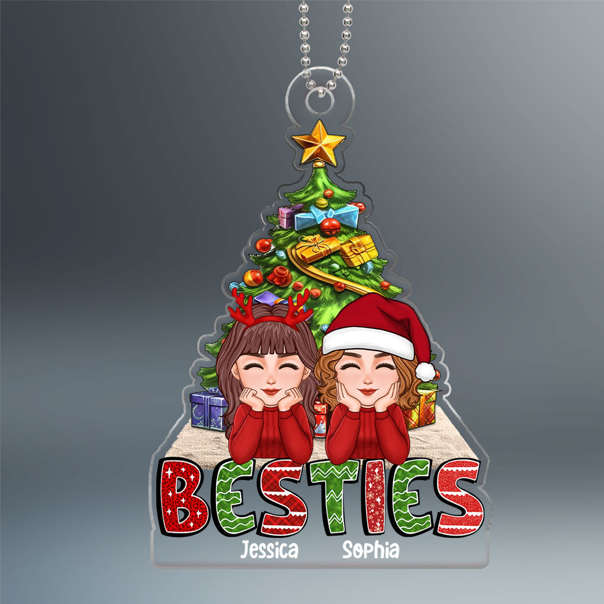 Doll Besties Sisters Chin On Hands Under Christmas Tree Personalized Acrylic Ornament
