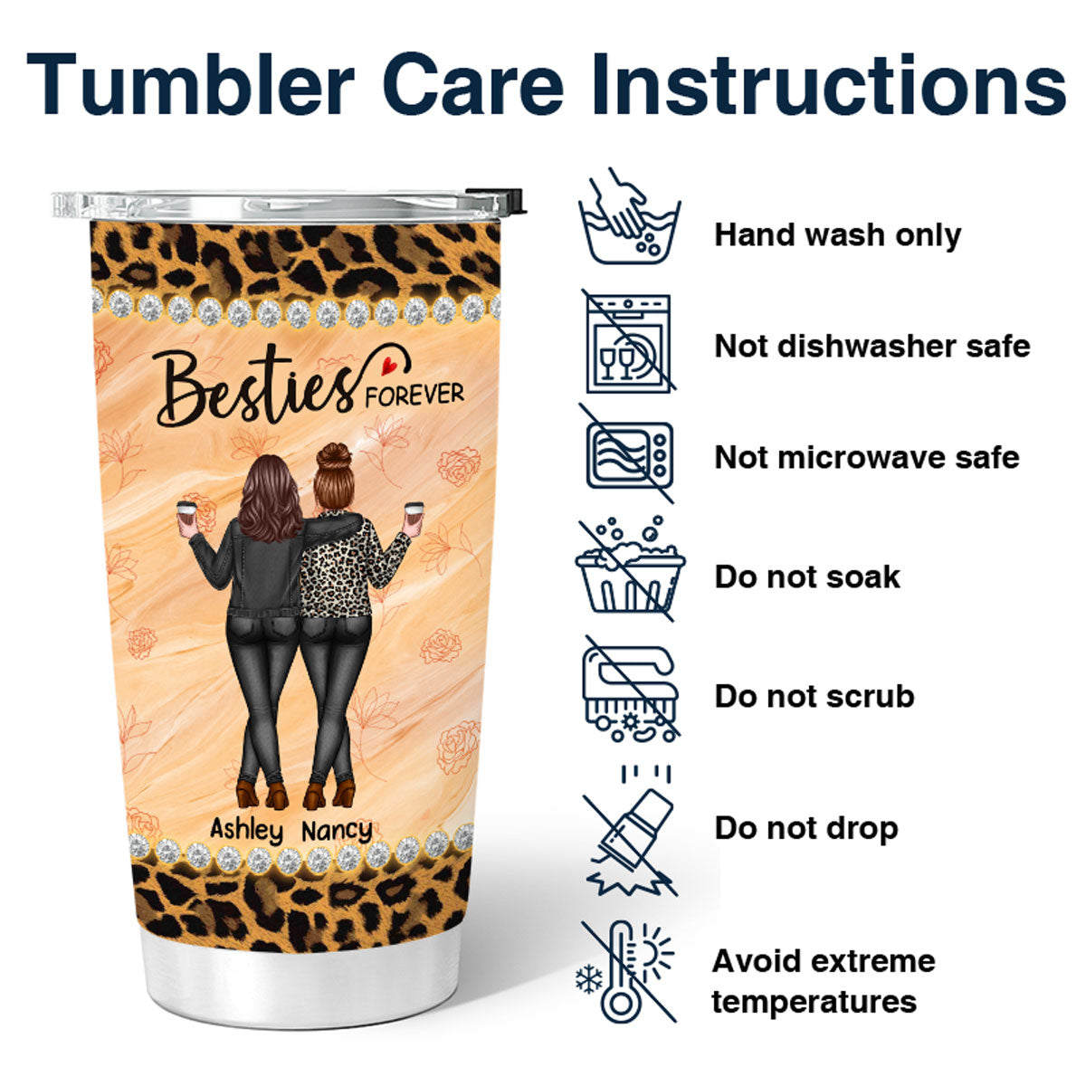 Leopard Pattern Back View Besties Sisters Personalized Tumbler