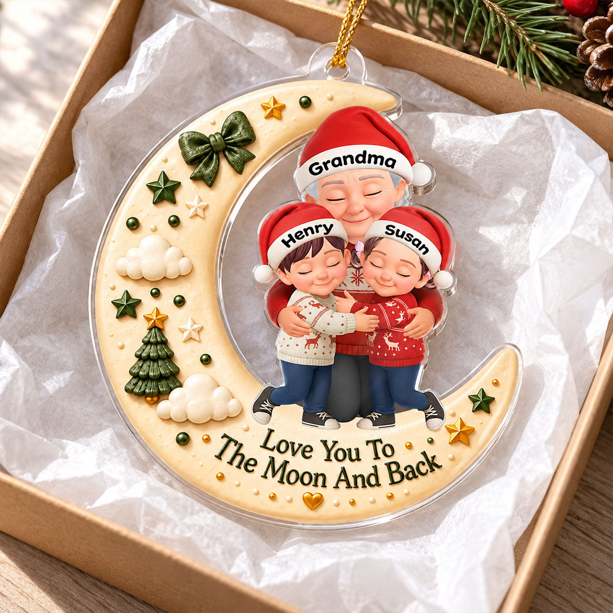 Grandma Hugging Grandkid Love to the Moon and Back - Personalized Acrylic Ornament - Christmas Gift for Grandma, Grandkids