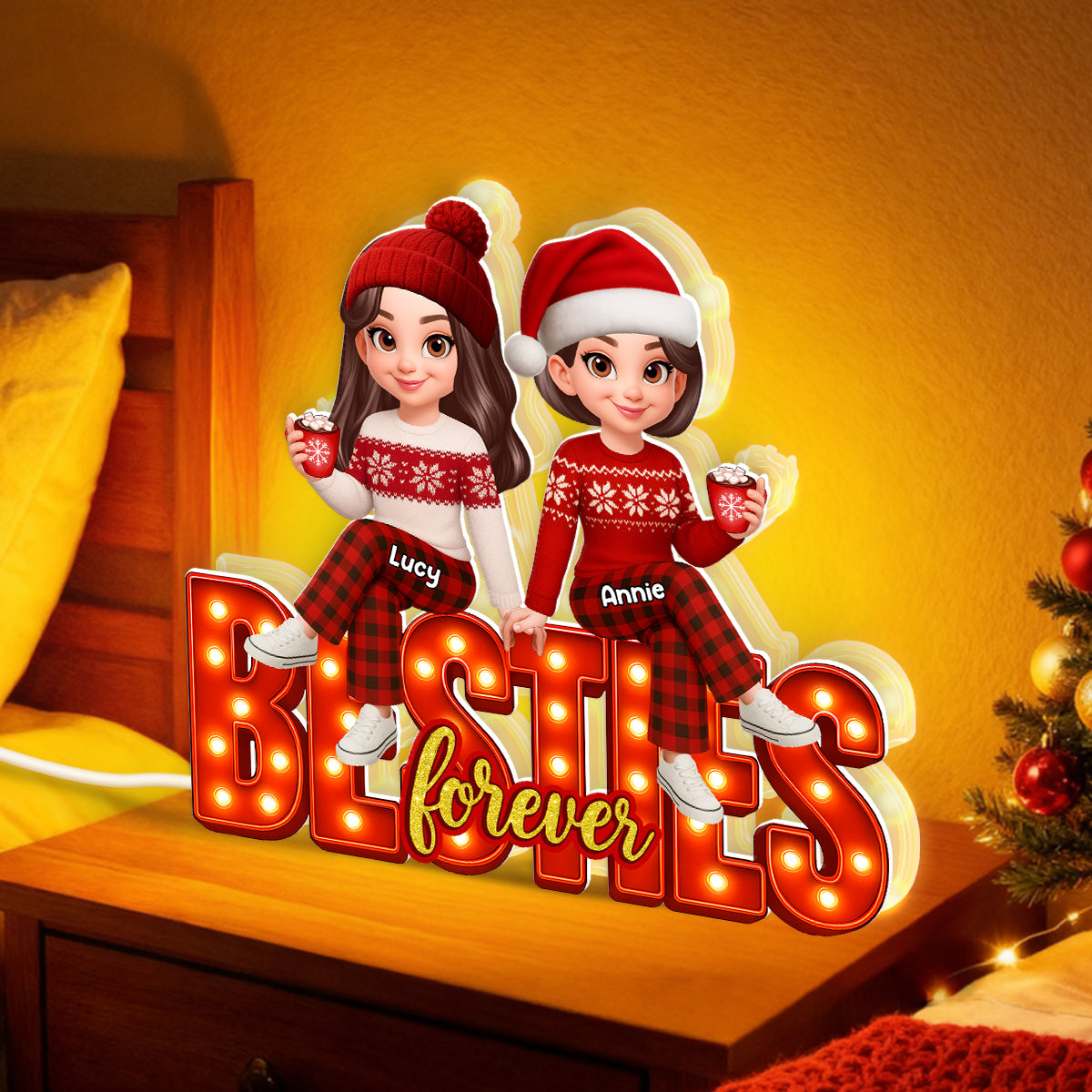 3D Effect Christmas Besties Forever - Personalized Light Box - Christmas Gift For Best Friends