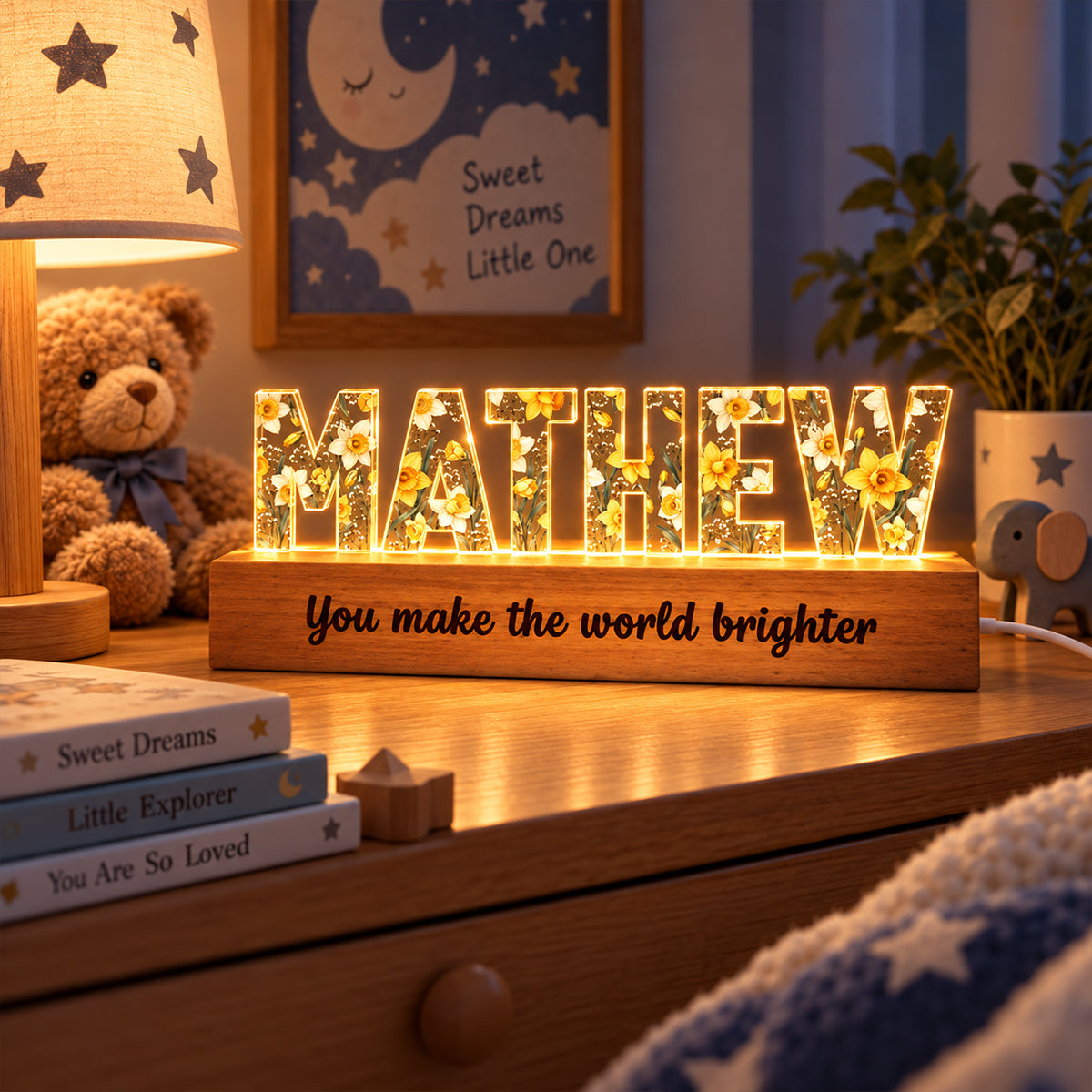Custom Birth Month Flower - Personalized Acrylic Block Name Night Light - Birthday Gift, Christmas Gift for Daughter, Son, Baby Nursery Decor, Newborn Keepsake Gift