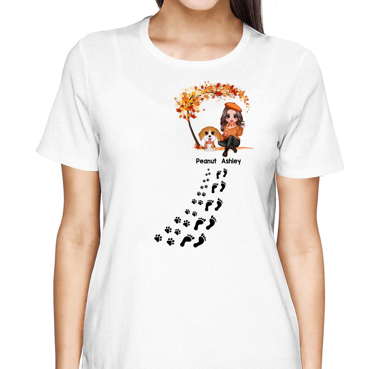 Life Is Better With Dogs Fall Season Woman & Cute Watercolor Dog Under Tree Personalized Shirt