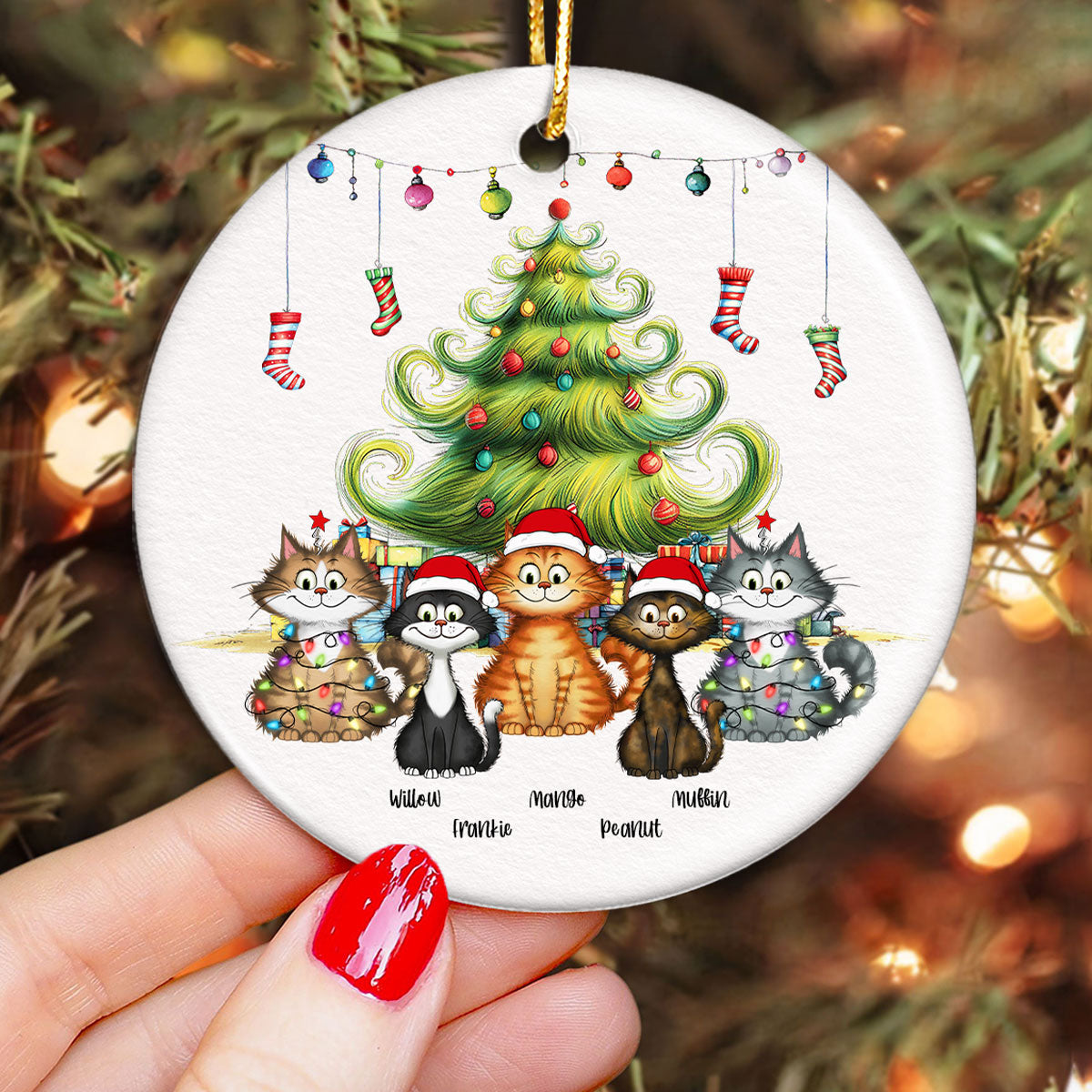 Quirky Christmas Tree Cats Whimsical Personalized Circle Ceramic Ornament
