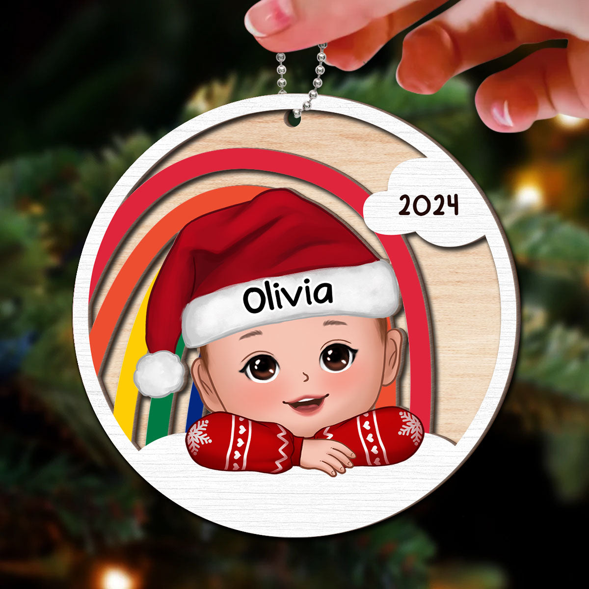 Cute Kid Rainbow Christmas Decor For Son Daughter Grandchildren Personalized 2-Layer Wooden Ornament