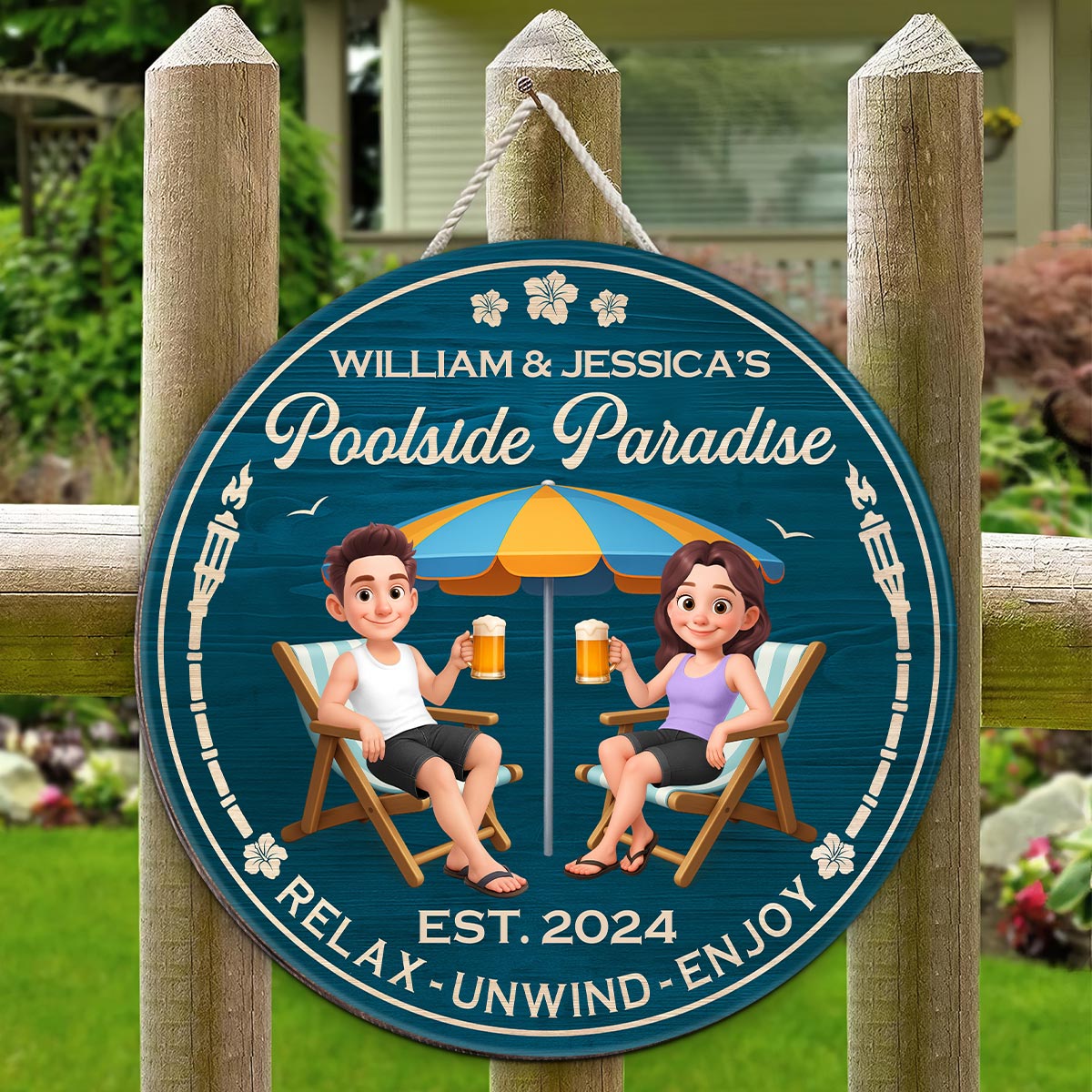 Couple Blue Ocean Poolside Paradise Personalized Wood Sign