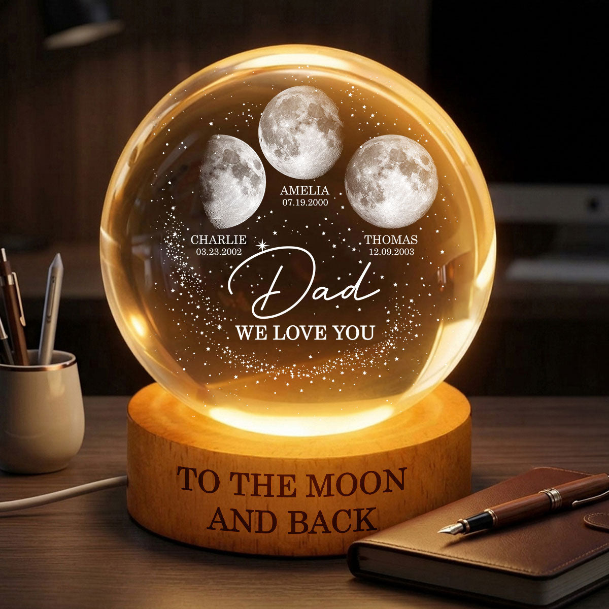 Love to the Moon and Back - Personalized Crystal Ball LED Night Light - Custom Moon Phase by Date, Father's Day Gift for Dad, Husband