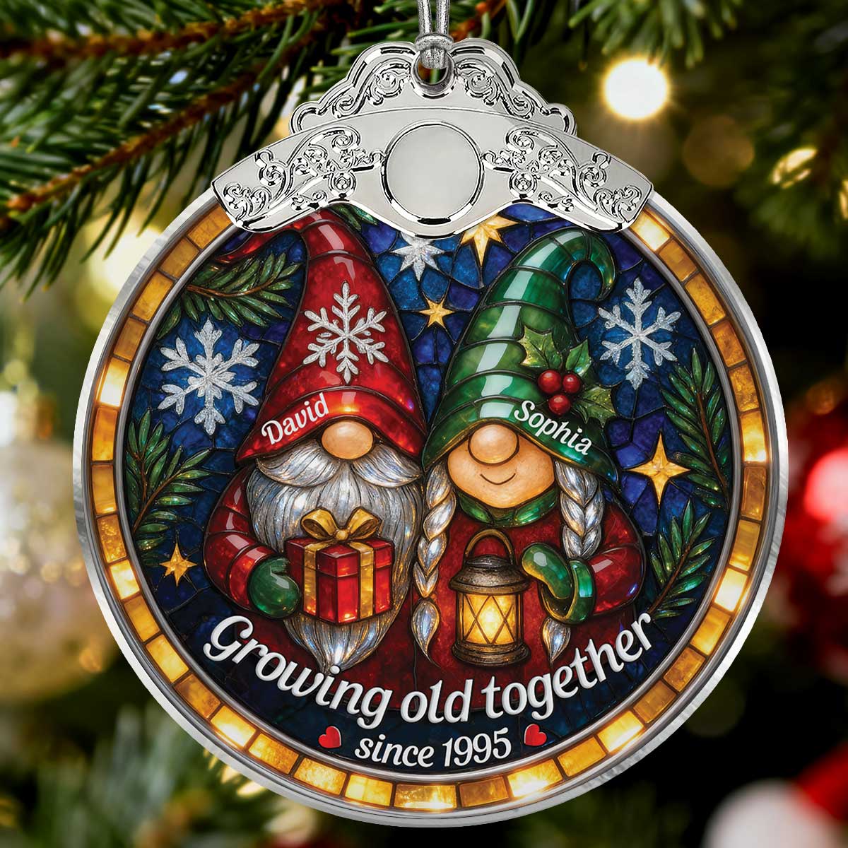 Retro Vintage Gnome Couple Growing Old Together Stained Glass Style - Personalized Glass Ornament With Silver Cap