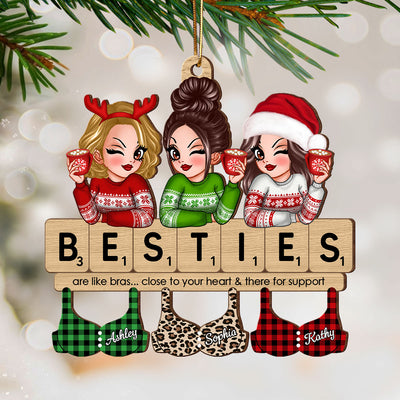 Friends Are Like Bras Girls Sitting On Puzzle Words Personalized Wooden Ornament