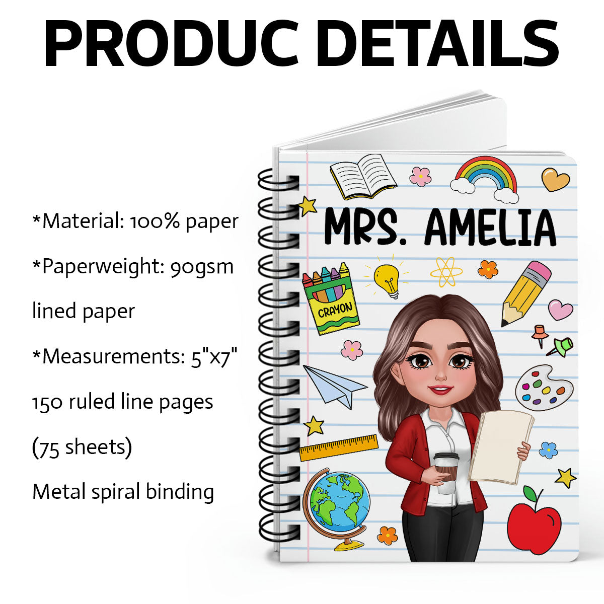School Things Notebook Page Teacher Name Personalized Spiral Notebook Journal, Back To School Stationery