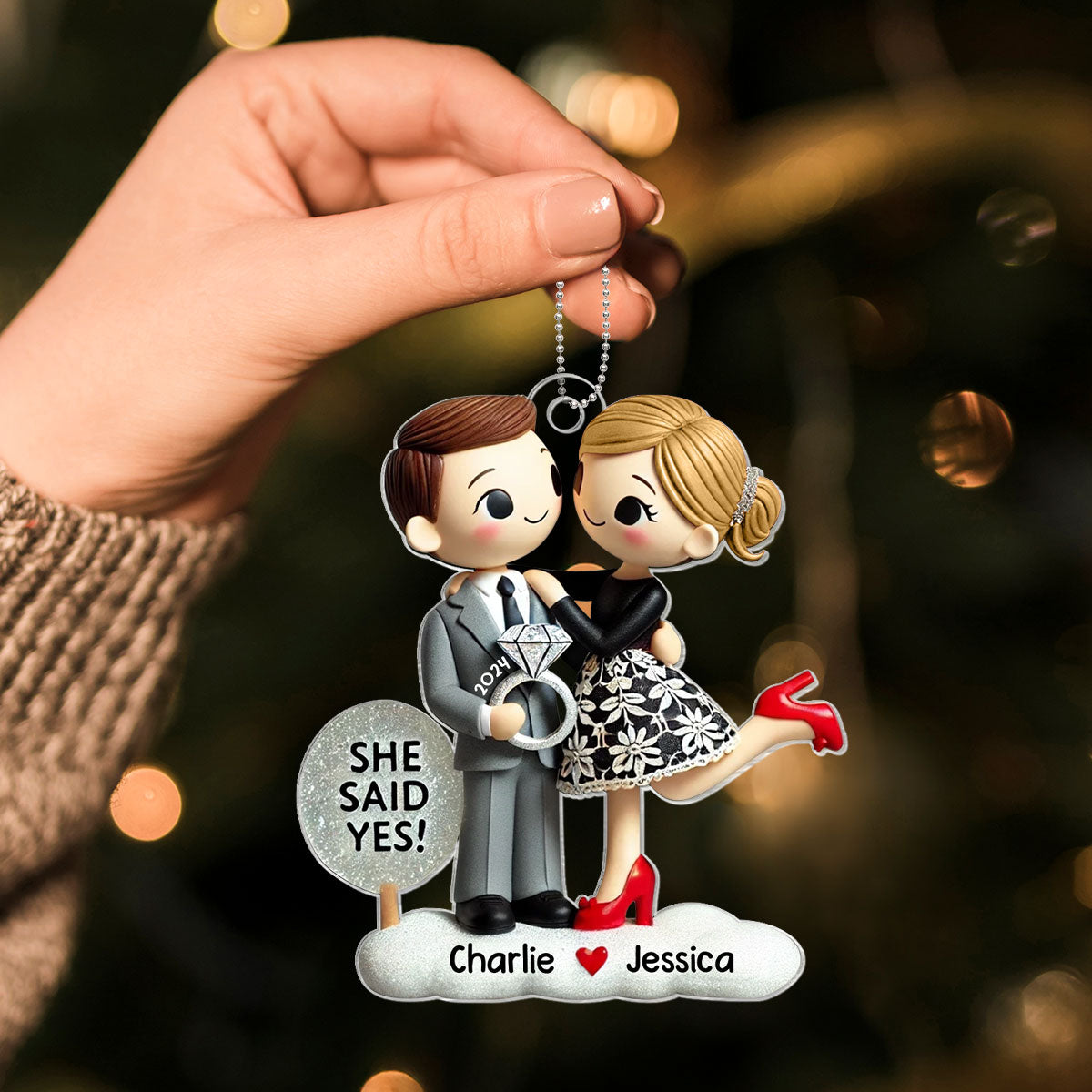 Engagement Ornament She Said Yes Personalized Couple's Engagement Christmas, 2D Flat Acrylic Ornament