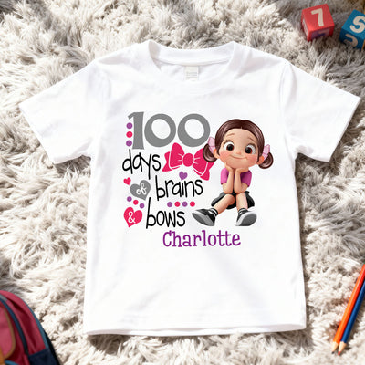 100 Days Brains & Bows Cute Little Girl - Personalized Kid T-Shirt - 100 Days Of School For Daughter, Granddaughter