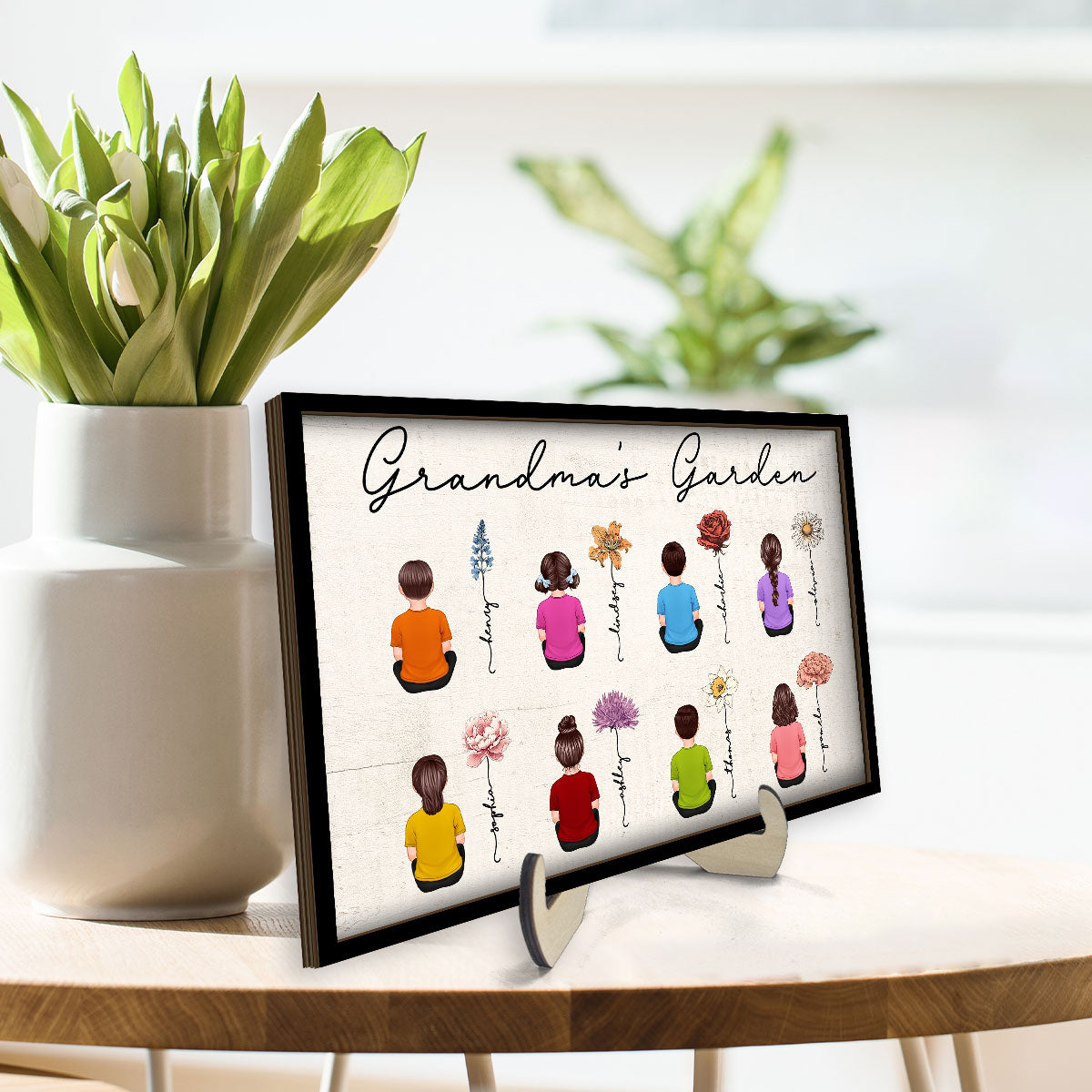 Grandkids Sitting Grandma Garden Vintage Birth Month Flowers Mother‘s Day Gift Personalized 2-Layer Wooden Plaque