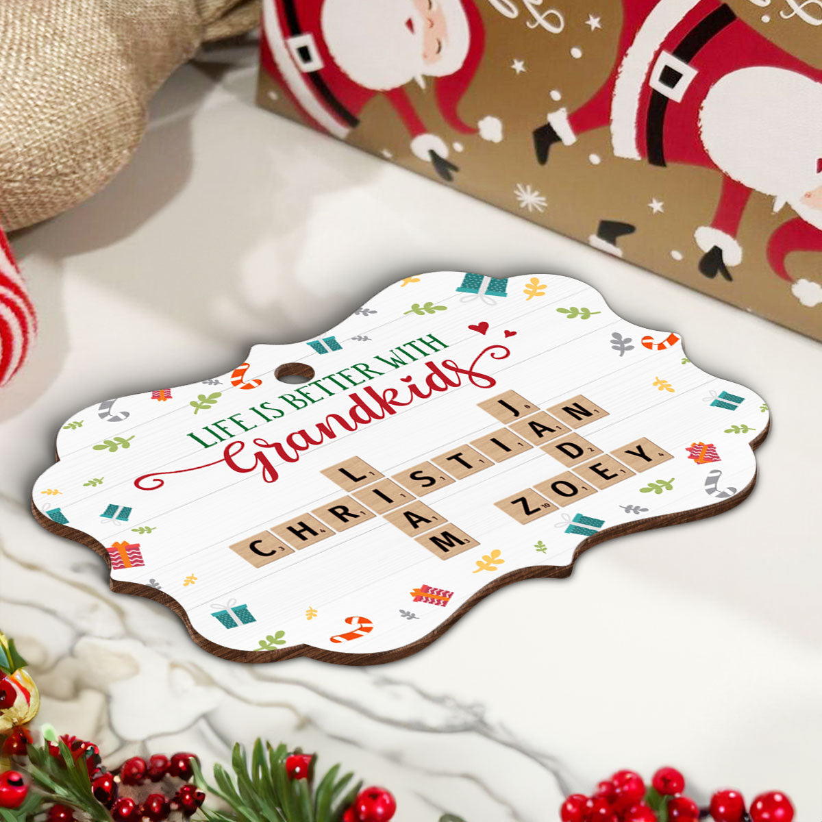 Life Is Better With Grandkids Crossword Puzzle Personalized Wooden Ornament, Christmas Gift for Grandma, Grandkids