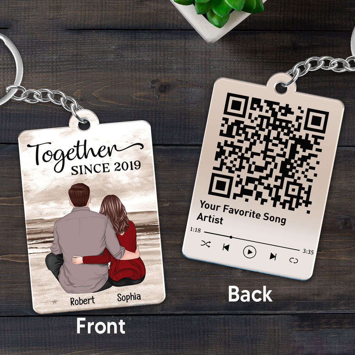 Retro Vintage Couple Sitting At Beach Favorite Song QR Code Personalized Acrylic Keychain