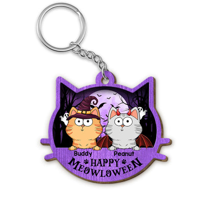 Halloween Cat Face Fluffy Cat Personalized Wooden Keychain