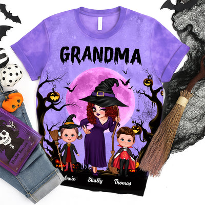 Pretty Grandma Witch & Kids Moon Bat Tree - Personalized 3D Shirt