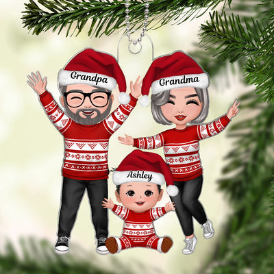 Christmas Happy Doll Grandma Grandpa With Granddaughter Grandson Personalized Circle Ornament