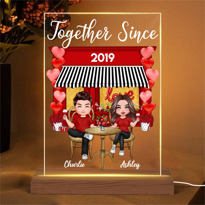 Doll Couple Sitting Coffee Shop Personalized Plaque LED Light Night