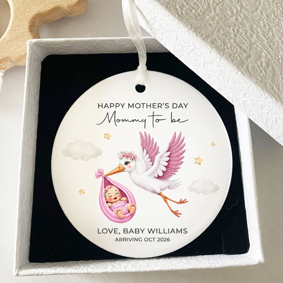 Cute Stork And Baby Mommy to be, Personalized Ceramic Ornament, Heartfelt First Gift for Pregnant Mom