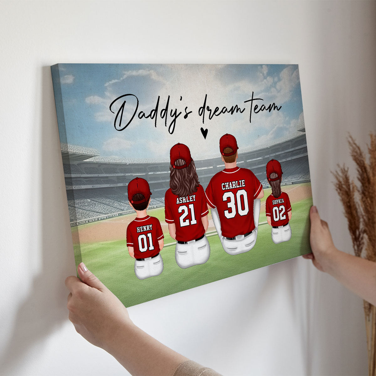 Daddy's Team Baseball Family Sitting Personalized Canvas, Gift For Dad, Grandpa, Husband