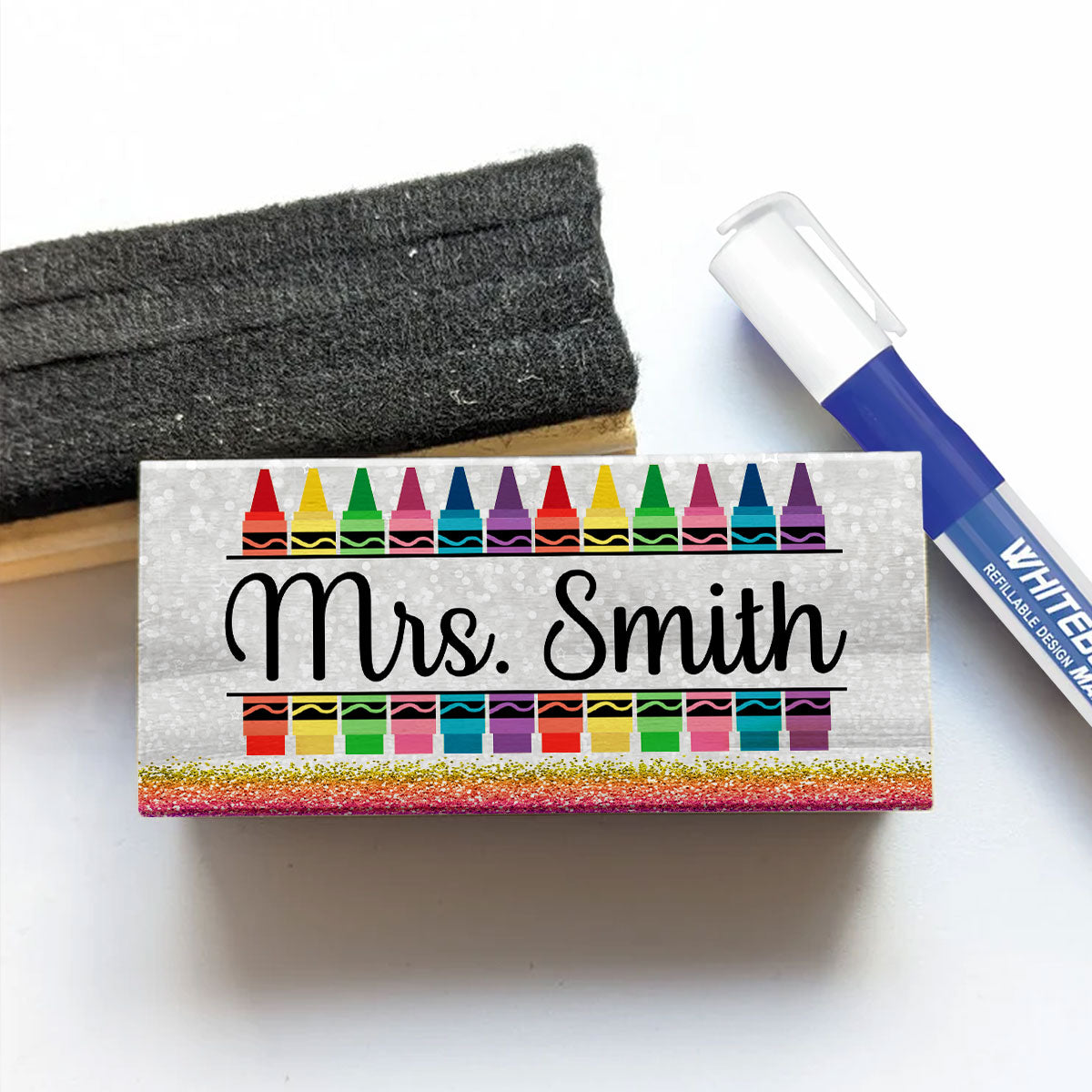 Teacher Pencil Glitter Pattern Personalized Teacher Whiteboard/Chalkboard Eraser with Marker, Teacher Appreciation Gifts, Back-to-School Teacher Gift Set