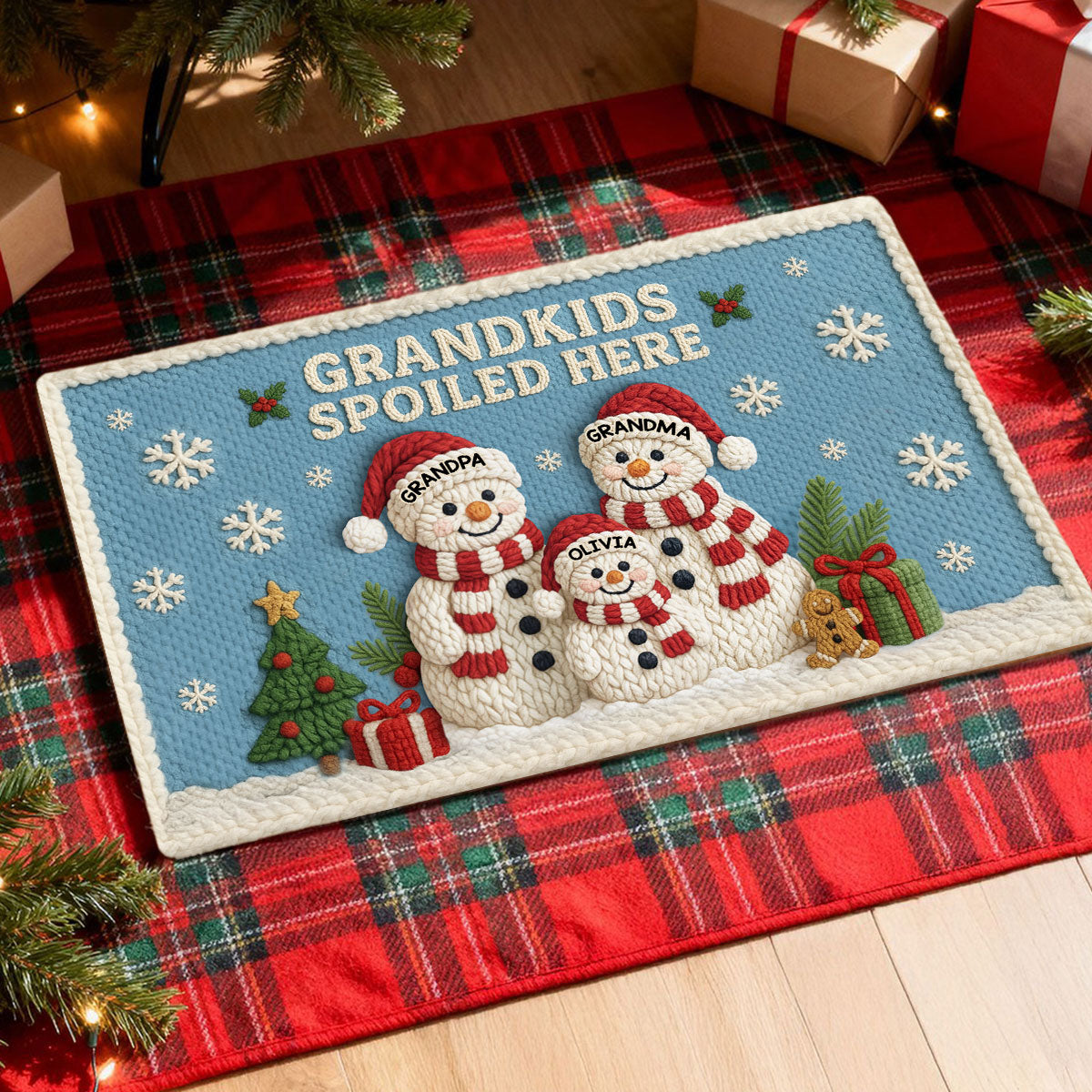 Grandma Grandpa Grandkids Snowman Crochet Faux Yarn Texture - Personalized Doormat - Christmas Decoration