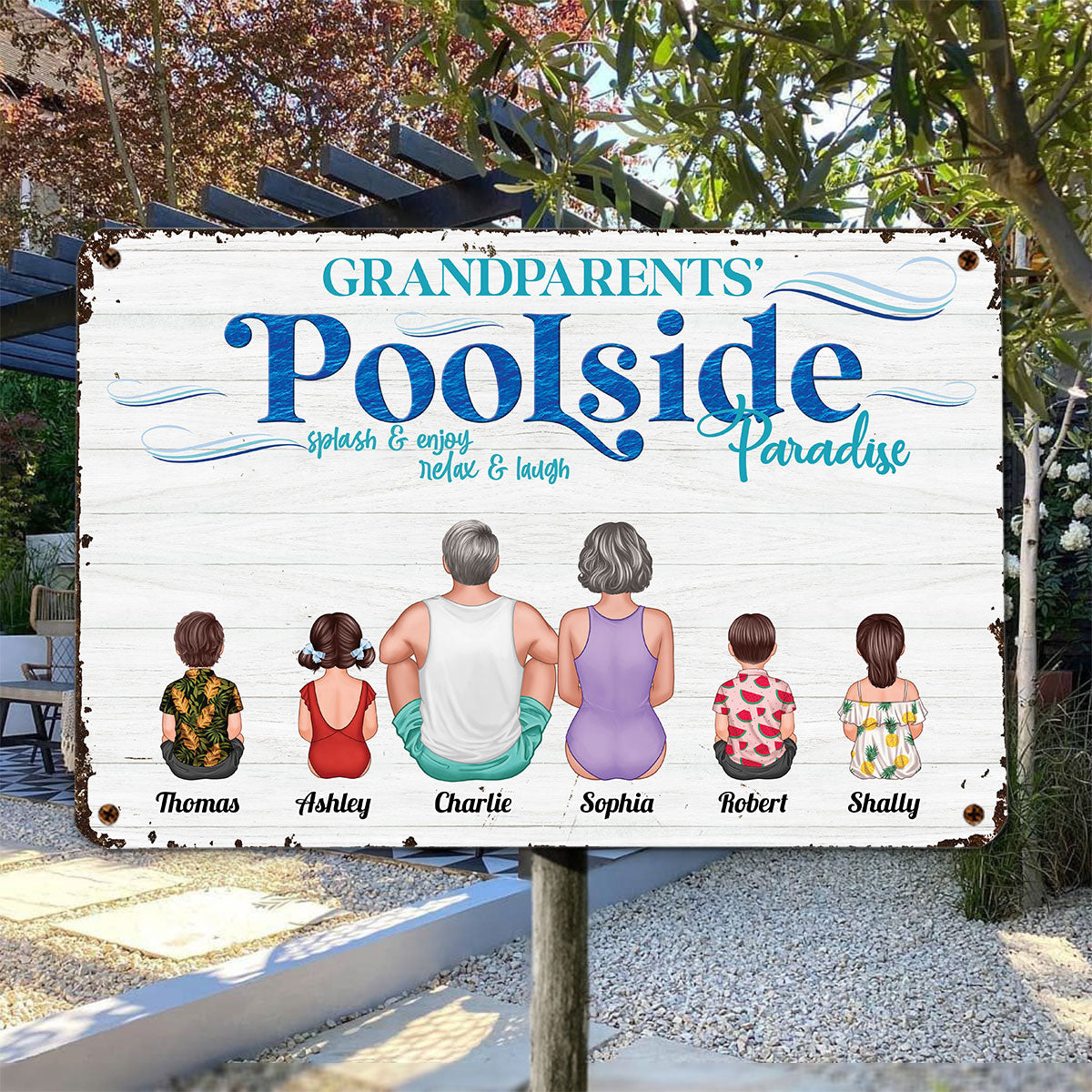 Family Poolside Summer Back View Couple Kids Pool Personalized Metal Sign