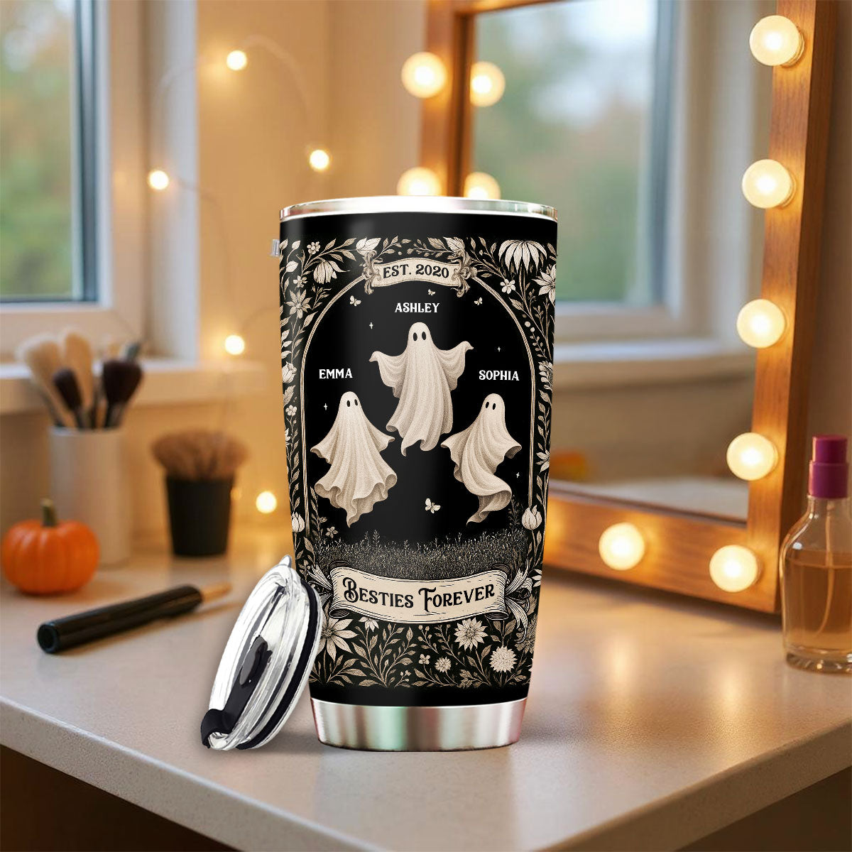 Ghost Friends Vintage Gothic Background Personalized Tumbler, Halloween gift for Besties, Sisters
