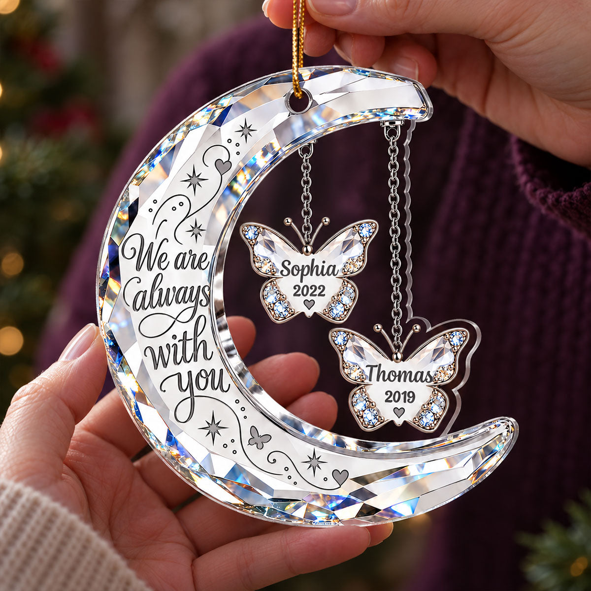 Always With You Memorial Crystal Moon & Butterfly Ornament 2D Flat - Personalized Acrylic Ornament - Sympathy Gift
