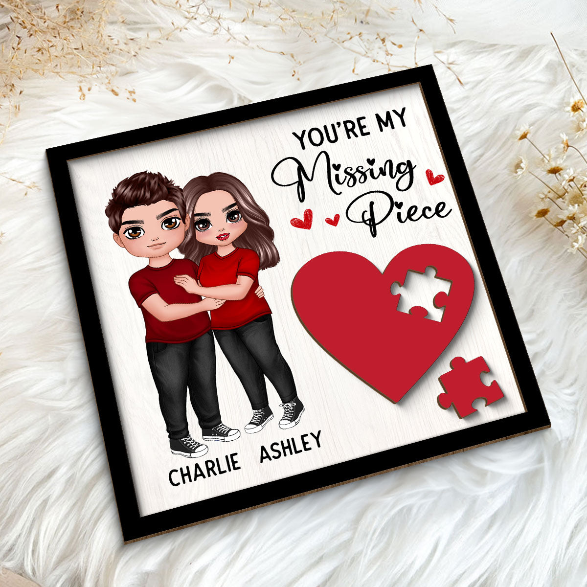Standing Hugging Couple Missing Piece Red Heart Valentine‘s Day Gift For Her Gift For Him Personalized 2-Layer Wooden Plaque